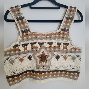 POL Crochet Crop Top Neutral Star Embellished OS New